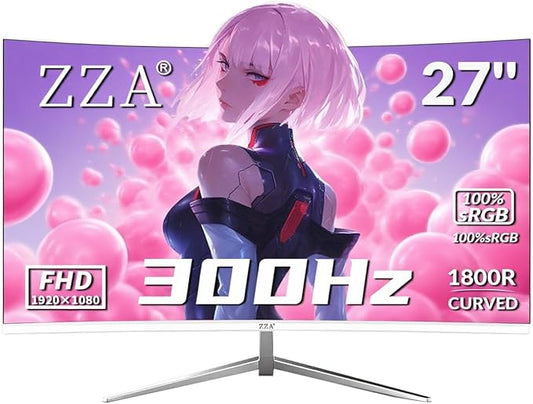 ZZA 27 inch White Gaming Monitor,300Hz Curved Monitor,Full HD 1080P White Computer Monitor,Eye-Care Display with HDMI,DP,FreeSync,Wall Mountable for Gaming and Office
