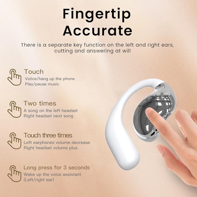 Open Ear Earbuds Ultra Comfort Wireless Bluetooth 5.4 Headphones Over The Ear Earbuds with Intelligent Touch Screen EarHooks IPX7 Waterproof Bone Conduction Earphones for Fitness Sports-White