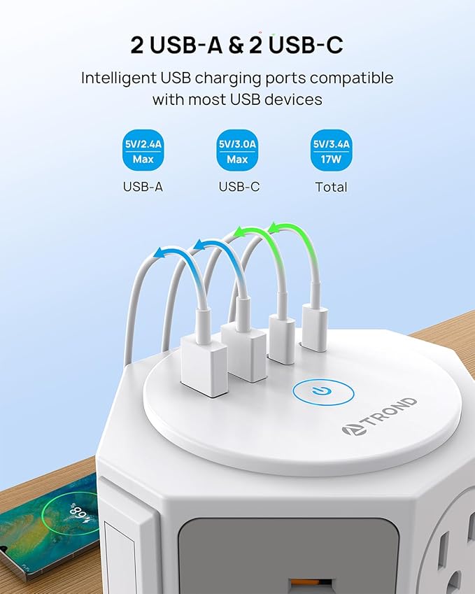 TROND Tower Surge Protector Power Strip, 10 ft Ultra Thin Flat Plug Extension Cord, 14 Widely Spaced Outlets and 4 USB Ports (2 USB-C), 2100J, Overload Protection for Home Office Desk, Dorm Essentials