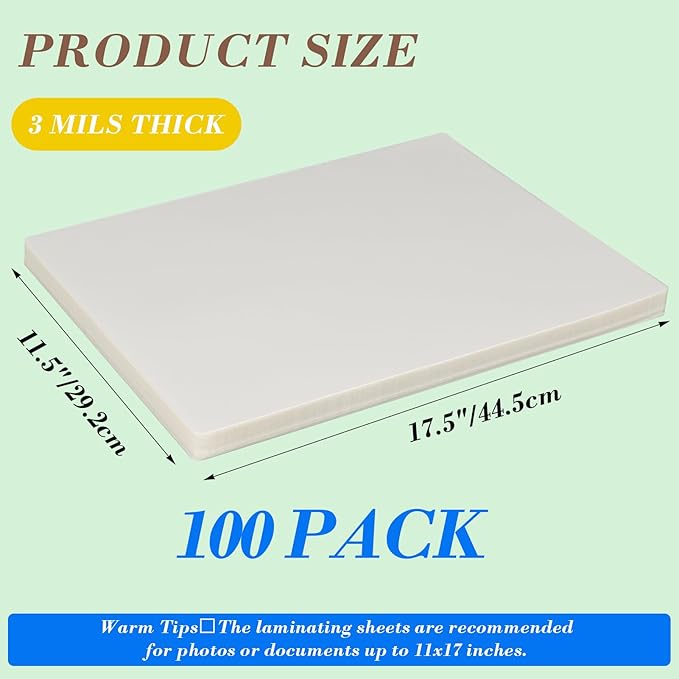 HORLIMER 100 Pack 11x17 Laminating Sheets, Clear Thermal Laminating Pouches 11.5 x 17.5 for Laminator, 3 Mil