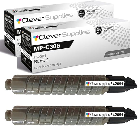 Clever Supplies CS Replacement Compatible with Ricoh MP-C306 Toner Cartridge 842091 to use with MPC307 MPC406 (Black, 2-Pack)