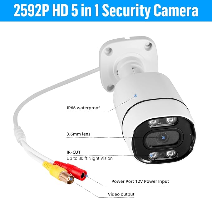 Fuers Analog 5MP CCTV Camera Outdoor Indoor Hybrid 5-in-1 HD-XVI/CVI/TVI/AHD/CVBS Home Security Cameras,Waterproof Metal Housing Bullet Cam for 960H,720P,1080P,5MP Analog Surveillance DVR