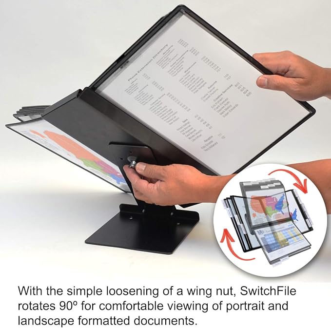 Ultimate Office SwitchFile Reference Organizer Displays Both Landscape or Portrait Documents, Desk or Wall Mount, Featuring, 10 EZ-Load Pockets to Hold 20 Sheets of Paper, Black Pockets