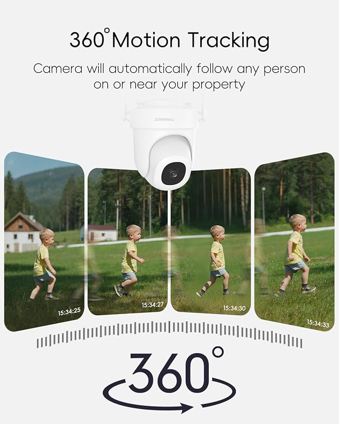 ZUMIMALL 3MP Outdoor Camera Wired 2.4G/5G WiFi - 2-Pack, 24/7 Recording, AI Motion Detection, Cloud & SD Card Storage, 2-Way Audio, PTZ Camera Auto Tracking, Work with Alexa Google