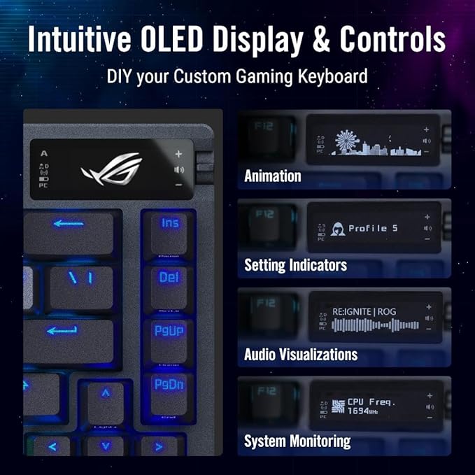 ASUS ROG Azoth Wireless Mechanical Gaming Keyboard – 75% TKL, Tri-Mode Connectivity, Hot Swappable Pre-lubed ROG NX Snow Linear Switches, PBT Keycaps, RGB, OLED Display, PC/Mac Support - Black