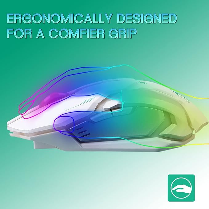 VEGCOO White Wireless Gaming Mouse, Silent Click Wireless Mouse with 3 Level DPI, Rechargeable Computer Mice with Colorful RGB LED Lights and Side Buttons for Laptop and Desktop