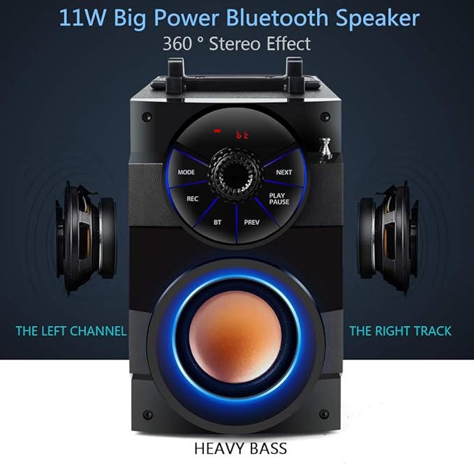 Bluetooth Speaker, 11W Portable Wireless Speaker with Subwoofer, LED Lights, FM Radio, Remote Control, Booming Bass, MP3 Player Powerful Speakers Suitable for Travel, Indoor and Outdoor