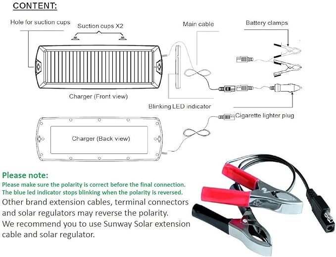 Sunway Solar Car Battery Trickle Charger & Maintainer 12V Solar Panel Power Battery Charger With Cigarette Lighter Plug Battery Clamp For Car Automotive Motorcycle Boat Marine Snowmobile Watercraft RV