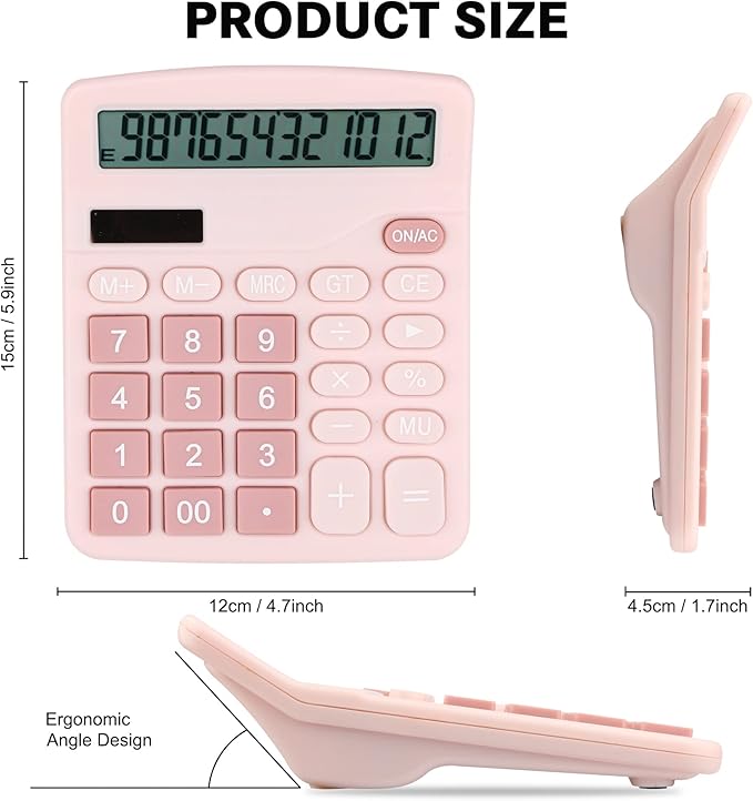 Desk Calculator, Envysun 12-Digit LCD Display Office Calculator – Dual Power, Compact and Lightweight, Easy-to-Read Display, Durable for Business, School, and Home (Pink)