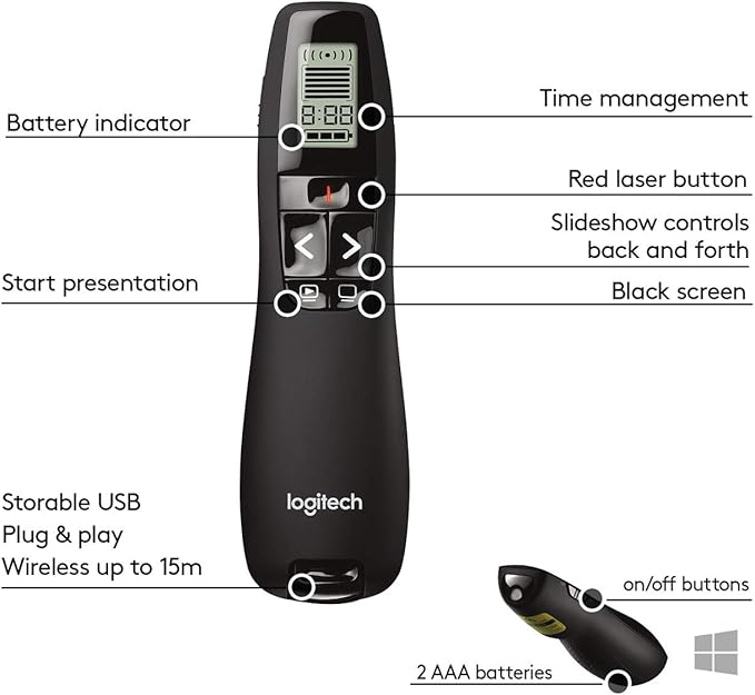 Logitech Wireless Presenter R800, PowerPoint Clicker with Green Laser Pointer, Wireless Presentation Clicker Remote