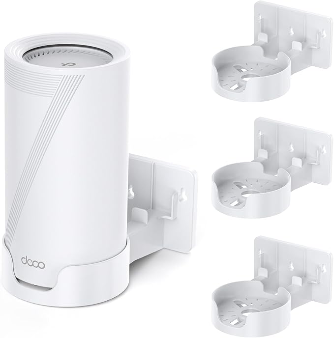 Wall Mount Kit for TP-Link Deco BE65-5G/BE75/BE85/BE95 WiFi 7 Mesh System – Space-Saving Bracket with Cable & Power Adapter Storage, Secure & Stylish Design for Home and Office (White, 3-Pack)