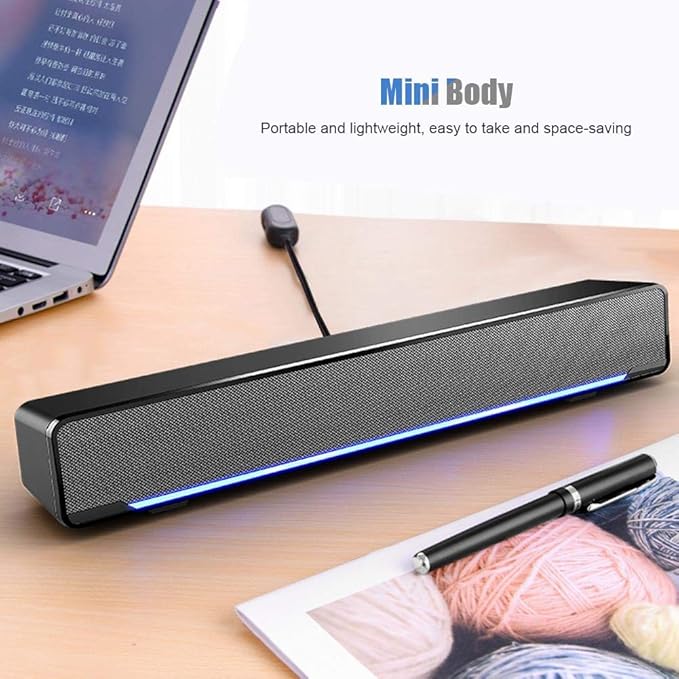 Bewinner USB Wired Soundbar, 3.5mm Stereo Soundbar Music Player Bass Surround Sound Box for Desktop Laptop TV Smartphone Tablet PC MP3 MP4, Portable Subwoofer Home Audio Speakers(Black)