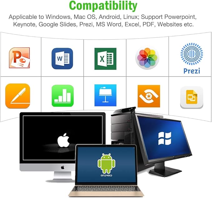 Air Mouse Green Light Presentation Remote Control USB Rechargeable Presentation Clicker Wireless Presenter RF 2.4 GHz Powerpoint Clicker Slide Advancer Changer Mac/Laptop/Computer