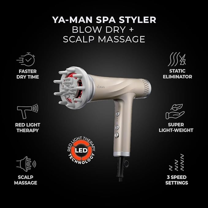 Blow Dryer with Scalp Massager, Ionic Reset Technology, Hair Dryer with Diffuser Attachment - Quiet, Lightweight, and Powerful for Women (Gold)