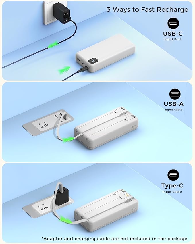 Portable Charger Power Bank 50000mAh Built-in Cables, PD 20W Fast Charging Large Capacity Battery Pack, 5 Output 2 Input LED Display Powerbank Compatible with Phone (White)