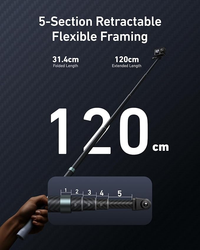 TELESIN Selfie Stick Long Pole Invisible for GoPro (120cm/47.2in), Carbon Fiber Waterproof Extension Monopod for GoPro 13 12 11 10 DJI Osmo Nano Action 5 Pro Pocket 3 Insta360 X5 X4 GO3 Ace Pro 2