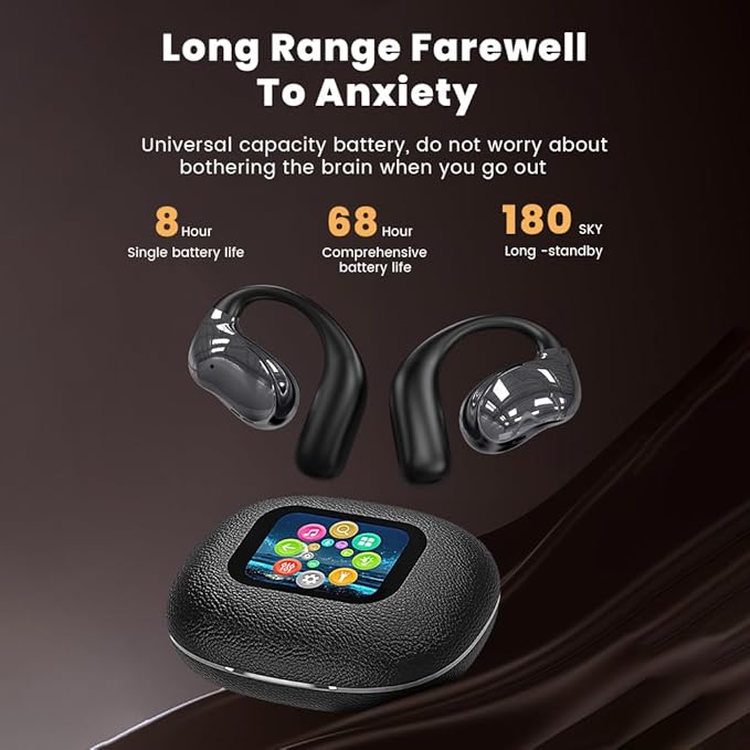 Open Ear Earbuds Ultra Comfort Wireless Bluetooth 5.4 Headphones Over The Ear Earbuds with Intelligent Touch Screen EarHooks IPX7 Waterproof Bone Conduction Earphones for Fitness Sports-Black