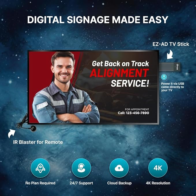 TV Stick Digital Signage Player 4K, Cloud-Controlled Media Player with PowerPoint Upload, Auto Content Updates, Free Plan, AI Image Enhancer, Mobile App, Thousands of Templates