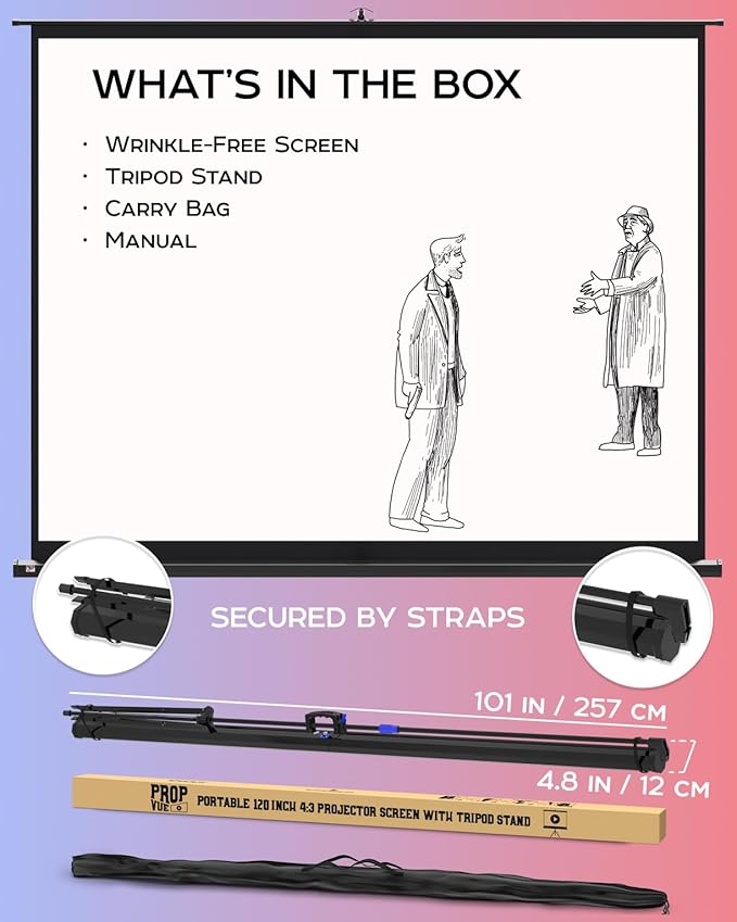 PropVue Projector Screen with Stand 120 inch - Indoor and Outdoor Projection Screen for Movie or Office Presentation - 4:3 HD Premium Wrinkle-Free Tripod Screen
