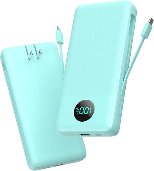 Portable Charger 33800mAh USB C Power Bank with Built-in Cables & AC Wall Plug,25W Fast Charging+QC 4.0 Phone Charger,4 Output LCD Display Battery Pack Compatible with iPhone16/15,Samsung,Android etc