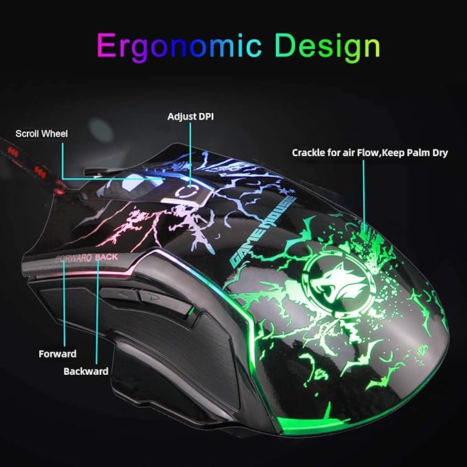 RGB Light up Wired Gaming Mouse M728 for Computer - Durable USB Led Laptop Mice w/7 Color Backlit, 4 Adjust DPI Up to 3200 for Gaming, Silent & Stable PC Corded Mouse for Mac MacBook Windows Linux PS4