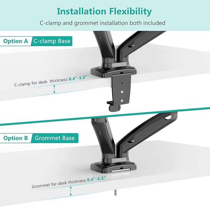 WALI Dual Monitor Mount, Monitor Arms for 2 Monitors Fully Adjustable Gas Spring Desk Mount Swivel Mounting Holes Bracket with C Clamp, Grommet Base for Display Up to 32 Inch 19.8lbs (GSMP002), Black