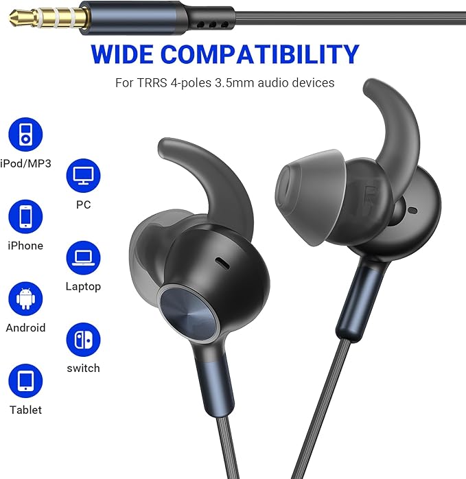 3.5mm Wired Headphones with Mic, School Supplies Wired Earbuds for Computer, Noise Isolating Ear Buds Wire with Stereo Case Magnet, Corded Plug in Earphone for Surface/HP/Acer Laptop Chromebook, Black