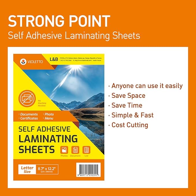 [VIOLETTO] 50 Sheets - Self Adhesive Laminating Sheets for Ultimate Protection. No Machines Needed, 4 Mil Thickness, 8.5 x 11 Inches. Effortless, Durable & Perfect for Documents & Photos.