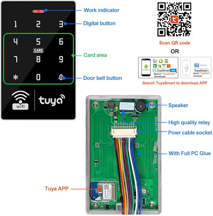 WiFi Smart Access Controller, IP68 Waterproof RFID Keypad, Tuya APP Remote Control, Wiegand 26/34, Dual-Frequency(125KHz/13.56MHz), Unlocking Records Tracking