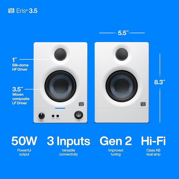PreSonus Eris 3.5 Studio Monitors (White), Pair — 3.5" Inch Powered Bookshelf Speakers, Stereo, Desktop Computer, Near Field Music Production, Audio Mixing Recording