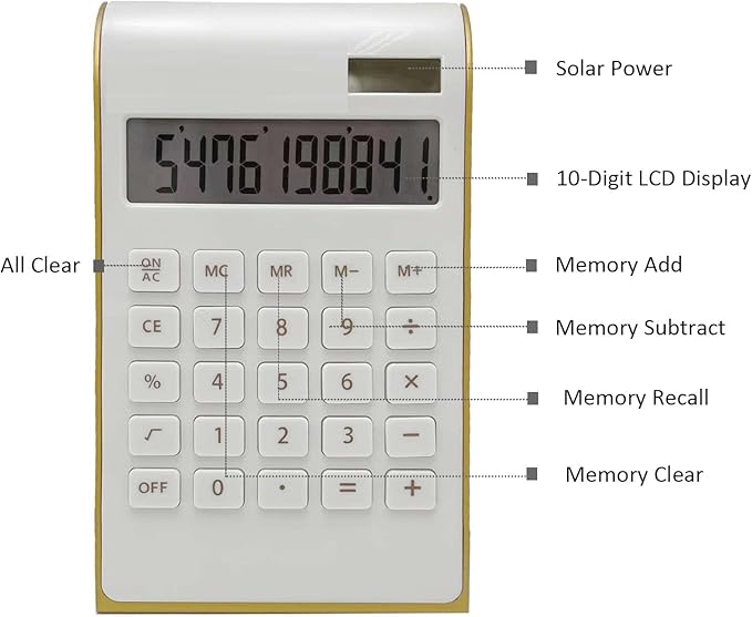 Benkaim Solar Gold Standard Function 10-Digit Desktop Calculator for Office, Home