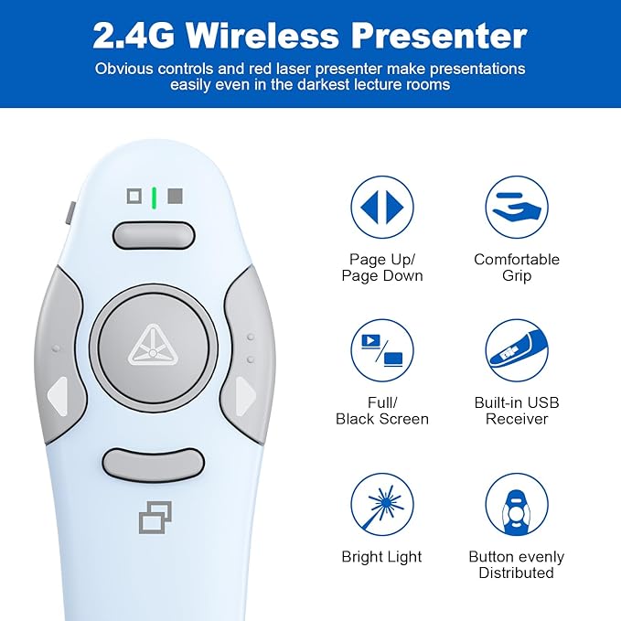 QUI Presentation Clicker Wireless Presenter Remote Clicker for PowerPoint Presentation Remote, PowerPoint Slide Advancer for Mac/Windows/Linux, Google Slide/PPT/Keynote, USB, Blue