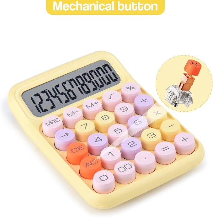 Mechanical Pushbutton Calculator,12 Digit Large LCD Display,Big Buttons Easy to Press,Colorful Candy Calculator,Automatic Sleep,with Battery.for Office,School, Home. (Yellow)