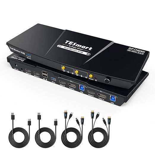 TESmart USB 3.0 DisplayPort + HDMI KVM Switch 2 Monitors 2 Computers 4K@60Hz, Dual Monitor KVM Switch 2 Port Extended Display, EDID Emulators, Headset, Hotkey Switch, Button Switch with All Cables