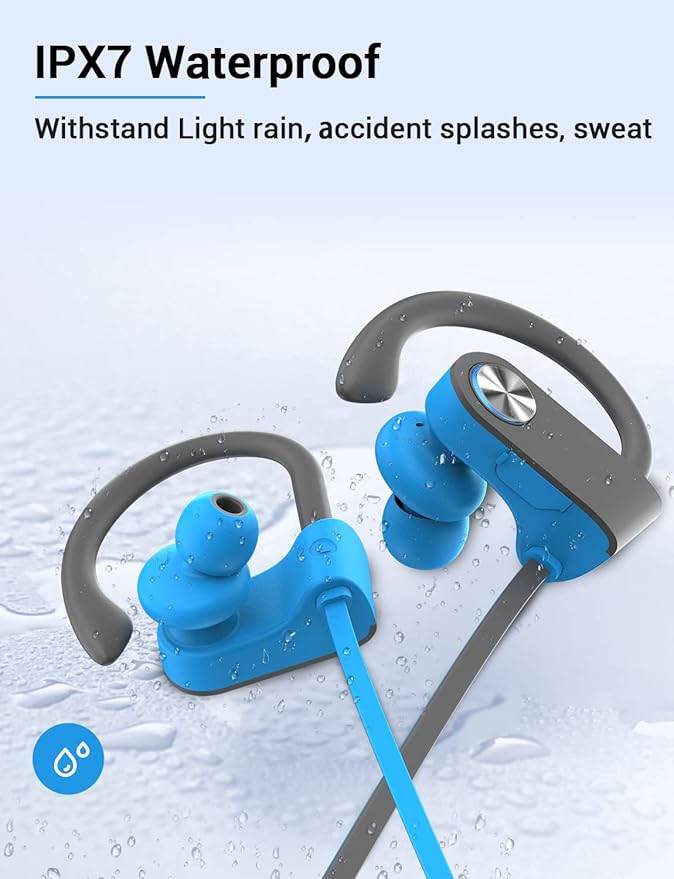 Stiive Bluetooth Headphones, 5.3 Wireless Sports Earbuds IPX7 Waterproof with Mic, Stereo Sweatproof in-Ear Earphones, Noise Cancelling Headsets for Gym Running Workout, 16 Hour Playtime - Bluegrey
