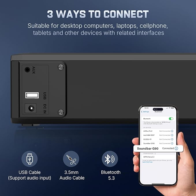 Wohome 2.1 Computer Speakers for Desktop PC, Bluetooth 5.3 Computer Sound Bar with HiFi Sound, 7 RGB Light Modes, DC Powered Laptop Speakers with 3.5mm AUX-in/USB Connected for Game, Music and Movie