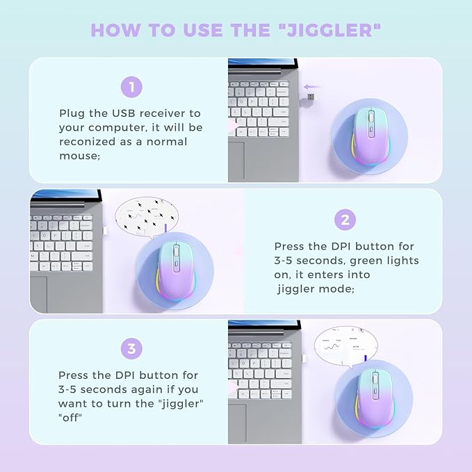 Wireless Mouse Jiggler - LED Wireless Mice with Build-in Mouse Mover, Rechargeable Moving Mouse for Laptop with Undetectable Random Movement Keeps Computers Awake - Purple to Green