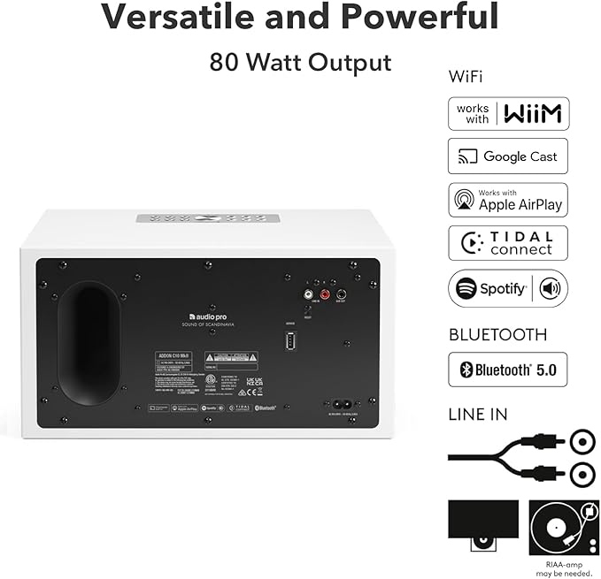 Audio Pro C10 MKII Wireless Speaker, WiiM Edition | High-Fidelity Sound, Multi-Room, Bluetooth, Wi-Fi | Compatible with AirPlay 2, Google Cast, Siri, WiiM Home App, Stream Spotify, TIDAL & More, White