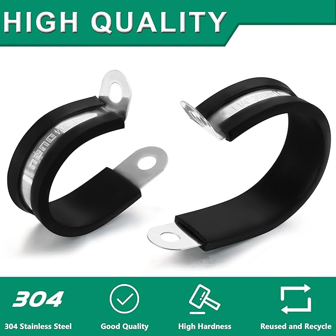 30PCS Stainless Steel Cable Clamps 9 Sizes—1/8" 3/16" 1/4" 5/16" 3/8" 1/2" 5/8" 3/4" 1" Rubber Coated Cushioned Insulated Cable Clamp,Automotive Cable Wire Clamps,Pipe Clamps(Black)