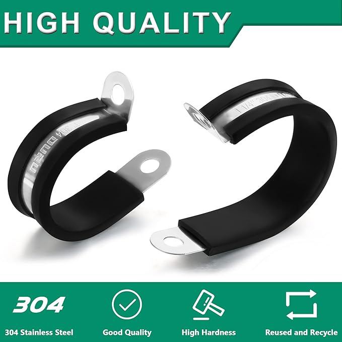 30pcs 1/4 Inch Stainless Steel Rubber Coated Cushioned Insulated Cable Clamps,Automotive Pipe Metal Clamps for Tube,Lines,Wire Cord Installation(Black,6mm)