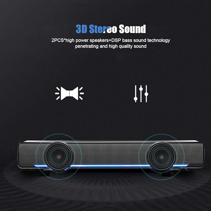 Bewinner USB Wired Soundbar, 3.5mm Stereo Soundbar Music Player Bass Surround Sound Box for Desktop Laptop TV Smartphone Tablet PC MP3 MP4, Portable Subwoofer Home Audio Speakers(Black)
