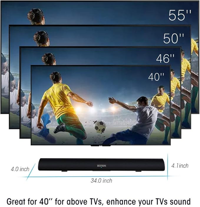 BESTISAN 80 Watt Soundbar, Sound Bars for TV of Home Theater System (Bluetooth 5.0, 34 inch, DSP, Strong Bass, Wireless Wired Connections, Bass Adjustable, Wall Mountable)