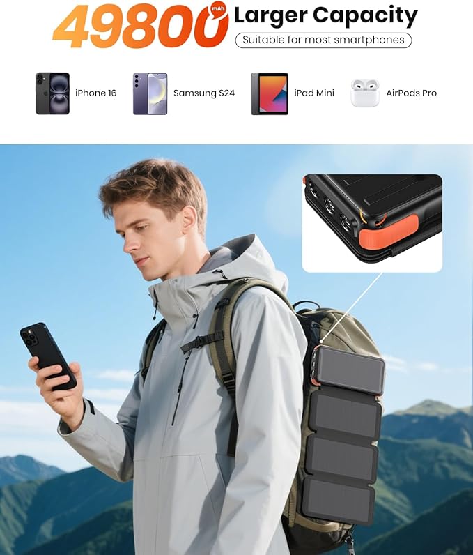 Solar-Charger-Power-Bank-49800mAh, 20W Fast Charging Portable Charger with Built-in 3 Cables & 4 Solar Panels, USB C Solar Battery Bank with LED Flashlights for Smartphones, Tablets