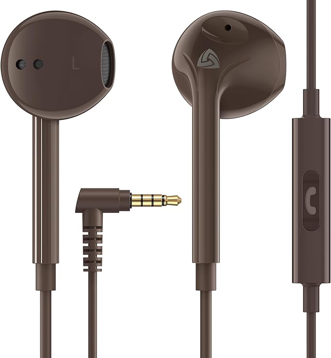 LUDOS Zenith Wired Earbuds in-Ear Headphones, 2 Years Warranty, Earphones with Microphone, Corded for 3.5mm Jack Ear Buds for iPhone, Samsung, Computer, Laptop, Kids, School Students, Woman - Brown