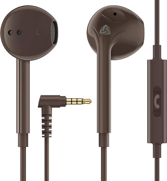 LUDOS Zenith Wired Earbuds in-Ear Headphones, 2 Years Warranty, Earphones with Microphone, Corded for 3.5mm Jack Ear Buds for iPhone, Samsung, Computer, Laptop, Kids, School Students, Woman - Brown