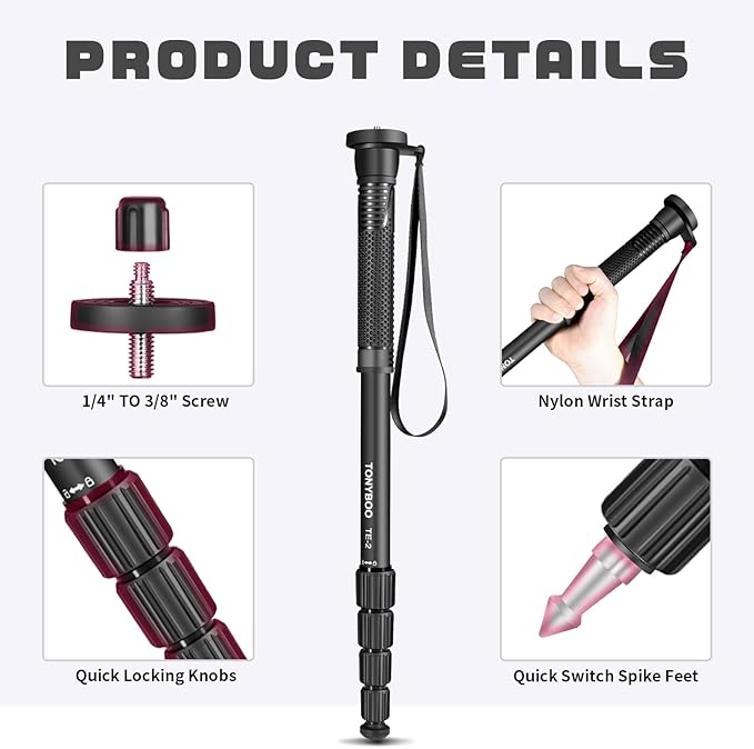 TONYBOO TE-2 65 inch Camera Monopod, Aluminum Photography Monopod with 5-Section Height Portable Compact Lightweight Travel Stick Pole,Camera Stand for DSLR Canon Nikon Sony, Easy to Carry