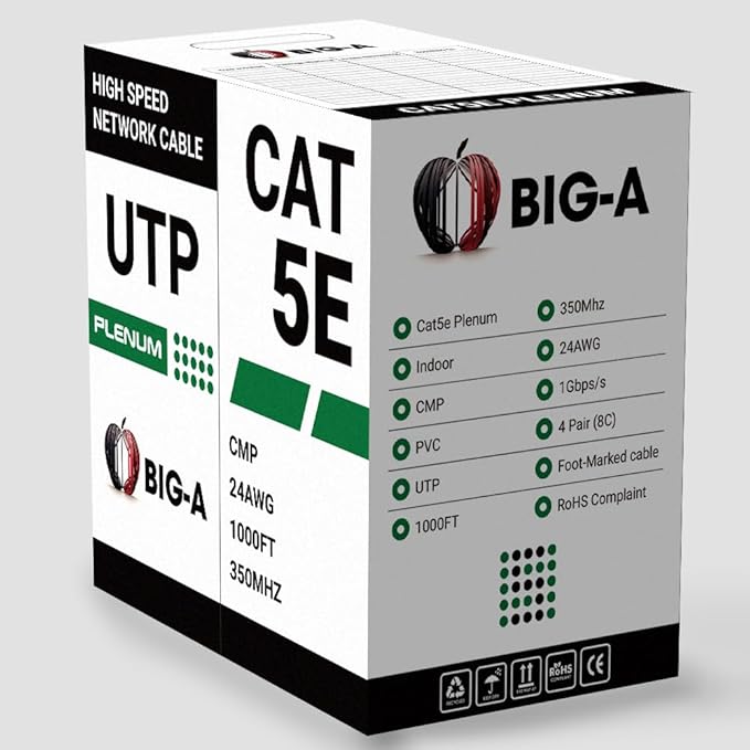 Big-A - 1000ft Cat5e Plenum Ethernet Cable, Black, 350MHz, 24AWG UTP, CMP Rated, Solid Network LAN Cord, Compatible with Printer, Gaming Consoles, Router, VoIP Phones, POE IP Cameras