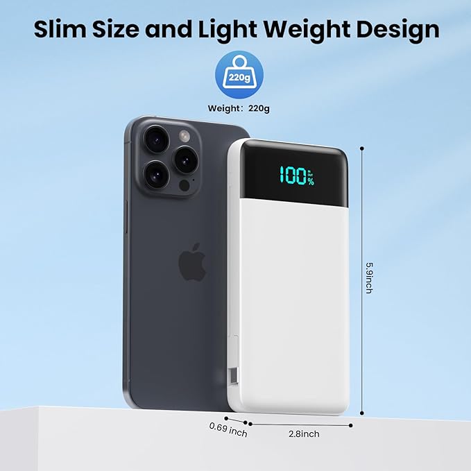 YHO Portable Charger 13800mAh for iPhone with Built-in Cables & AC Wall Plug,5-in-1 USB-C Power Bank,LCD Display External Battery Pack Phone Charger Compatible with iPhone 16/15/14,Android (White)