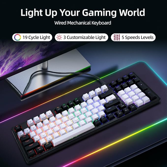 WJX Mechanical Gaming RGB Keyboard Wired 98 Full Keynap, RGB Backlit with 19 Modes Computer Clicky Keyboard for PC & Mac, Hot-Swappable Red Tactile Mechanical Switch, USB-C Control PBT Keycaps（White）