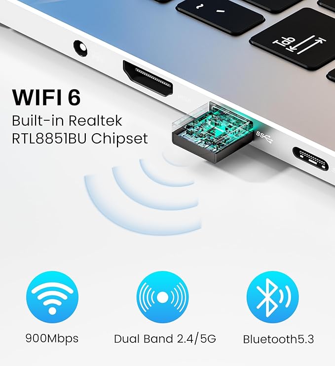USB WiFi 6 Adapter for PC Desktop & Laptop, 900Mbps Dual Band 2.4/5GHz with Bluetooth 5.3, Nano Size Plug & Play, Windows 11/10 Driver-Free, Reconnect 7 Devices Simultaneously